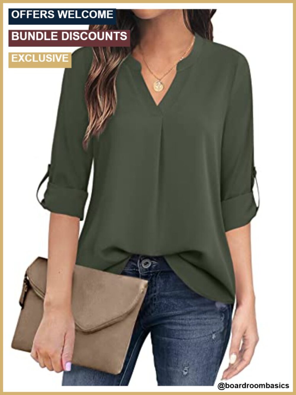 Chiffon V Neck 3/4 Sleeve Blouse Pleated Front Curved Hem Business Casual Top